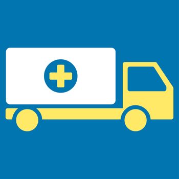 Drugs Shipment raster icon. Style is bicolor flat symbol, yellow and white colors, rounded angles, blue background.