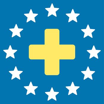 Euro Medicine raster icon. Style is bicolor flat symbol, yellow and white colors, rounded angles, blue background.