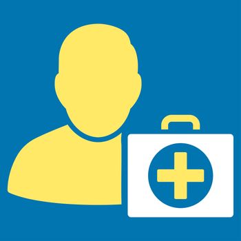 First Aid Man raster icon. Style is bicolor flat symbol, yellow and white colors, rounded angles, blue background.