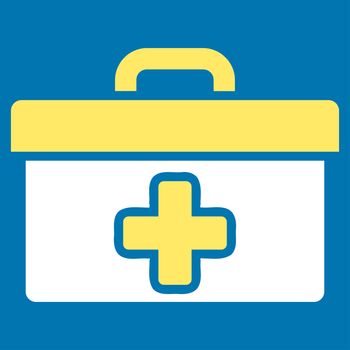 First Aid Toolbox raster icon. Style is bicolor flat symbol, yellow and white colors, rounded angles, blue background.