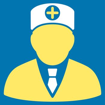 Head Physician raster icon. Style is bicolor flat symbol, yellow and white colors, rounded angles, blue background.