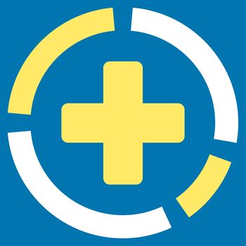 Health Care Diagram raster icon. Style is bicolor flat symbol, yellow and white colors, rounded angles, blue background.
