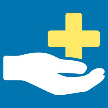Health Care Donation raster icon. Style is bicolor flat symbol, yellow and white colors, rounded angles, blue background.