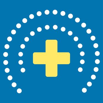 Health Care Protection raster icon. Style is bicolor flat symbol, yellow and white colors, rounded angles, blue background.
