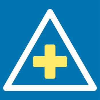 Health Warning raster icon. Style is bicolor flat symbol, yellow and white colors, rounded angles, blue background.