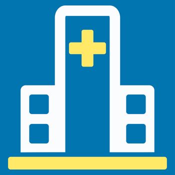 Hospital Building raster icon. Style is bicolor flat symbol, yellow and white colors, rounded angles, blue background.