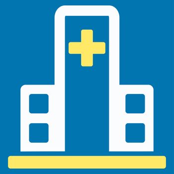 Hospital Building raster icon. Style is bicolor flat symbol, yellow and white colors, rounded angles, blue background.