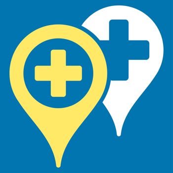 Hospital Map Markers raster icon. Style is bicolor flat symbol, yellow and white colors, rounded angles, blue background.
