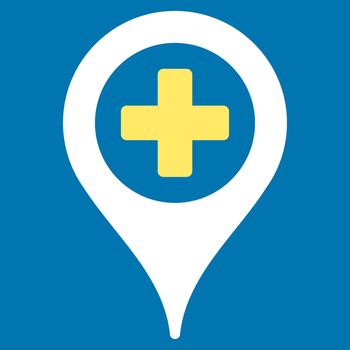 Hospital Map Pointer raster icon. Style is bicolor flat symbol, yellow and white colors, rounded angles, blue background.