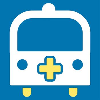 Medical Bus raster icon. Style is bicolor flat symbol, yellow and white colors, rounded angles, blue background.