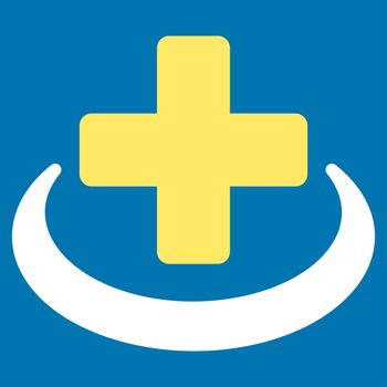 Medical Community raster icon. Style is bicolor flat symbol, yellow and white colors, rounded angles, blue background.