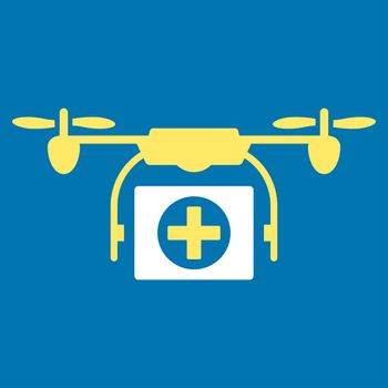 Medical Drone raster icon. Style is bicolor flat symbol, yellow and white colors, rounded angles, blue background.