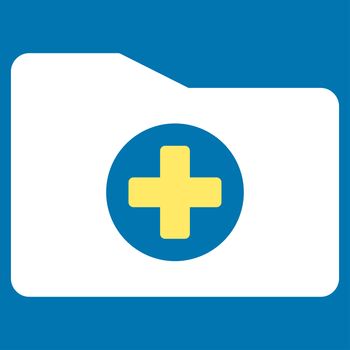 Medical Folder raster icon. Style is bicolor flat symbol, yellow and white colors, rounded angles, blue background.