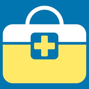 Medical Kit raster icon. Style is bicolor flat symbol, yellow and white colors, rounded angles, blue background.