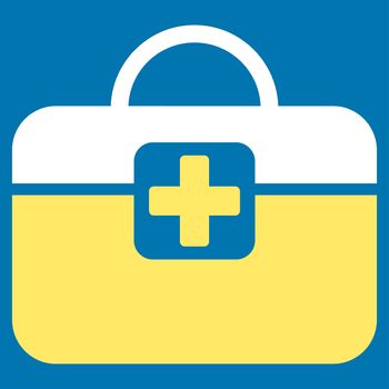 Medical Kit raster icon. Style is bicolor flat symbol, yellow and white colors, rounded angles, blue background.