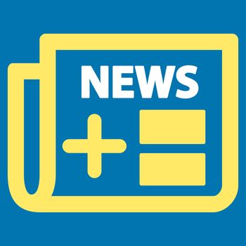 Medical Newspaper raster icon. Style is bicolor flat symbol, yellow and white colors, rounded angles, blue background.