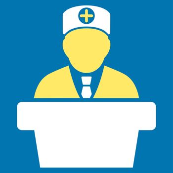 Medical Official Lecture raster icon. Style is bicolor flat symbol, yellow and white colors, rounded angles, blue background.