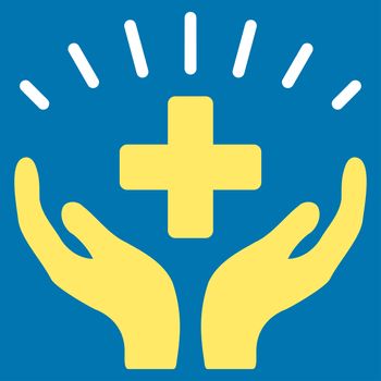 Medical Prosperity raster icon. Style is bicolor flat symbol, yellow and white colors, rounded angles, blue background.