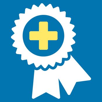Medical Quality Seal raster icon. Style is bicolor flat symbol, yellow and white colors, rounded angles, blue background.