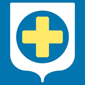 Medical Shield raster icon. Style is bicolor flat symbol, yellow and white colors, rounded angles, blue background.
