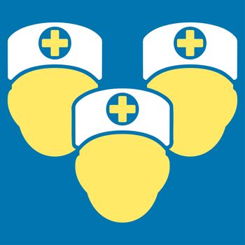Medical Staff raster icon. Style is bicolor flat symbol, yellow and white colors, rounded angles, blue background.