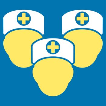Medical Staff raster icon. Style is bicolor flat symbol, yellow and white colors, rounded angles, blue background.