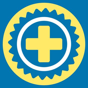 Medical Stamp raster icon. Style is bicolor flat symbol, yellow and white colors, rounded angles, blue background.