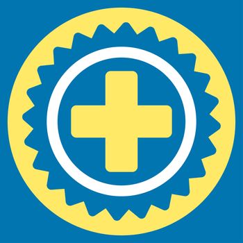 Medical Stamp raster icon. Style is bicolor flat symbol, yellow and white colors, rounded angles, blue background.