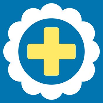 Medical Sticker raster icon. Style is bicolor flat symbol, yellow and white colors, rounded angles, blue background.