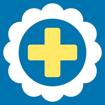 Medical Sticker raster icon. Style is bicolor flat symbol, yellow and white colors, rounded angles, blue background.