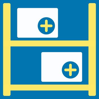 Medical Warehouse raster icon. Style is bicolor flat symbol, yellow and white colors, rounded angles, blue background.