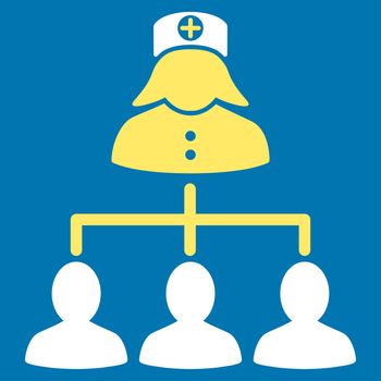 Nurse Patients raster icon. Style is bicolor flat symbol, yellow and white colors, rounded angles, blue background.