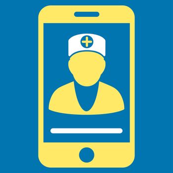 Online Doctor raster icon. Style is bicolor flat symbol, yellow and white colors, rounded angles, blue background.