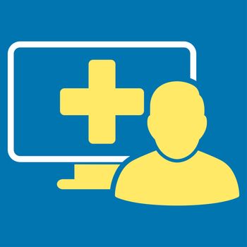 Online Medicine raster icon. Style is bicolor flat symbol, yellow and white colors, rounded angles, blue background.