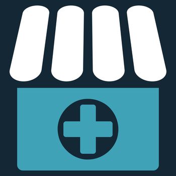 Apothecary raster icon. Style is bicolor flat symbol, blue and white colors, rounded angles, dark blue background.