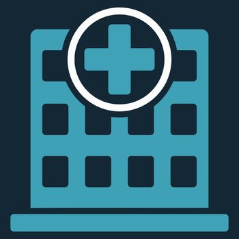 Clinic Building raster icon. Style is bicolor flat symbol, blue and white colors, rounded angles, dark blue background.