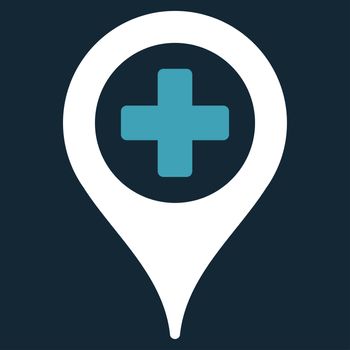 Clinic Pointer raster icon. Style is bicolor flat symbol, blue and white colors, rounded angles, dark blue background.