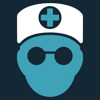 Doctor Head raster icon. Style is bicolor flat symbol, blue and white colors, rounded angles, dark blue background.