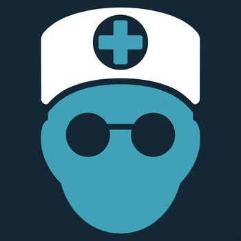 Doctor Head raster icon. Style is bicolor flat symbol, blue and white colors, rounded angles, dark blue background.