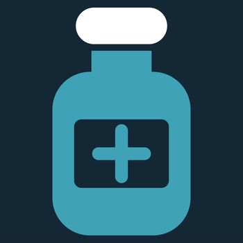 Drugs Bottle raster icon. Style is bicolor flat symbol, blue and white colors, rounded angles, dark blue background.