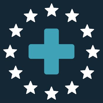 Euro Medicine raster icon. Style is bicolor flat symbol, blue and white colors, rounded angles, dark blue background.