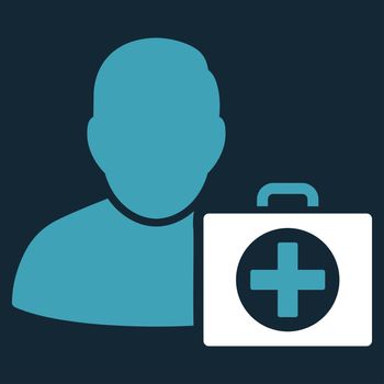First Aid Man raster icon. Style is bicolor flat symbol, blue and white colors, rounded angles, dark blue background.