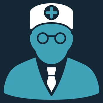 Head Physician raster icon. Style is bicolor flat symbol, blue and white colors, rounded angles, dark blue background.