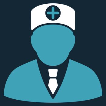 Head Physician raster icon. Style is bicolor flat symbol, blue and white colors, rounded angles, dark blue background.