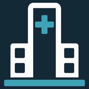 Hospital Building raster icon. Style is bicolor flat symbol, blue and white colors, rounded angles, dark blue background.