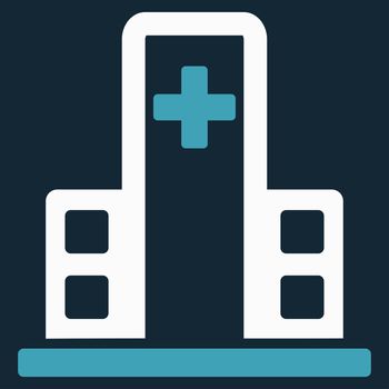 Hospital Building raster icon. Style is bicolor flat symbol, blue and white colors, rounded angles, dark blue background.