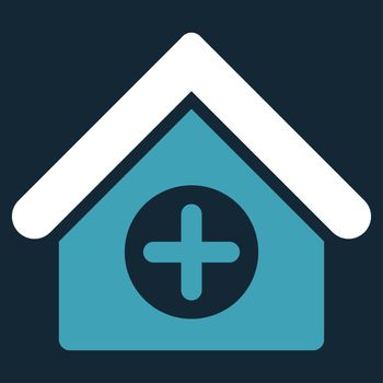 Hospital raster icon. Style is bicolor flat symbol, blue and white colors, rounded angles, dark blue background.