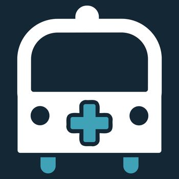 Medical Bus raster icon. Style is bicolor flat symbol, blue and white colors, rounded angles, dark blue background.