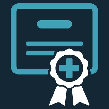Medical Certificate raster icon. Style is bicolor flat symbol, blue and white colors, rounded angles, dark blue background.