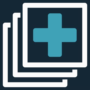 Medical Docs raster icon. Style is bicolor flat symbol, blue and white colors, rounded angles, dark blue background.